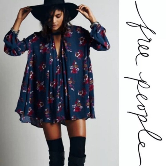 Free People Top Small Blue Flower Swing Tunic Keyhole Oversized Boho Beach Dress - Picture 2 of 14